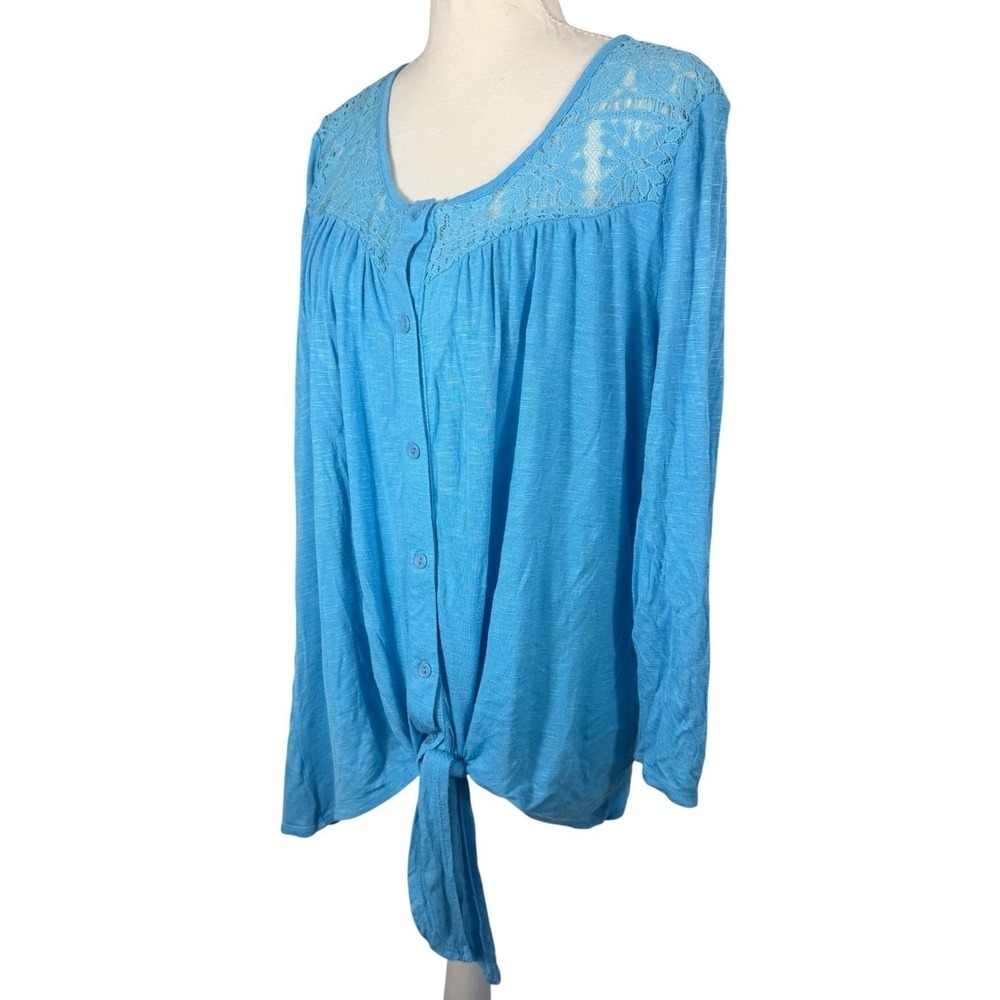 Live and Let Live Top Womens 1XL Blue Lace Tie Front Button Boho Long Sleeve - Picture 3 of 12